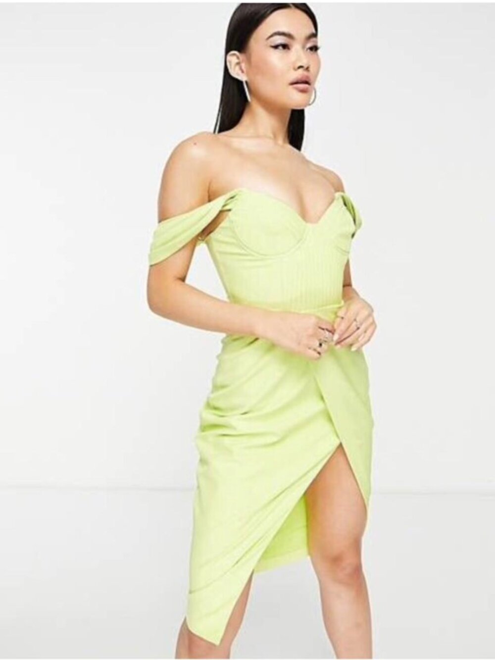 Lavish Alice Bardot Off Shoulder Corset Wrap Midi Dress, Lime 8 US 12 UK NWT